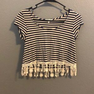 Navy blue and white striped crop top with lace